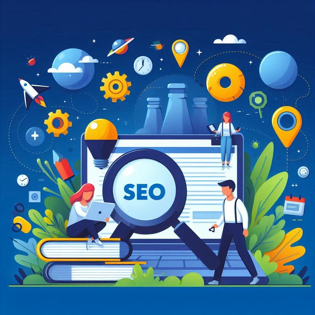 Ilustração representando SEO para iniciantes, com ícones de otimização de sites e motores de busca
